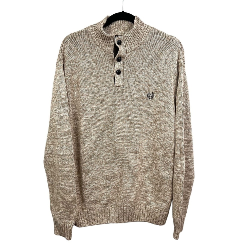 Chaps Sweater Ribbed Knit Mock Collar 3 Button Heather Beige Men Size XL*